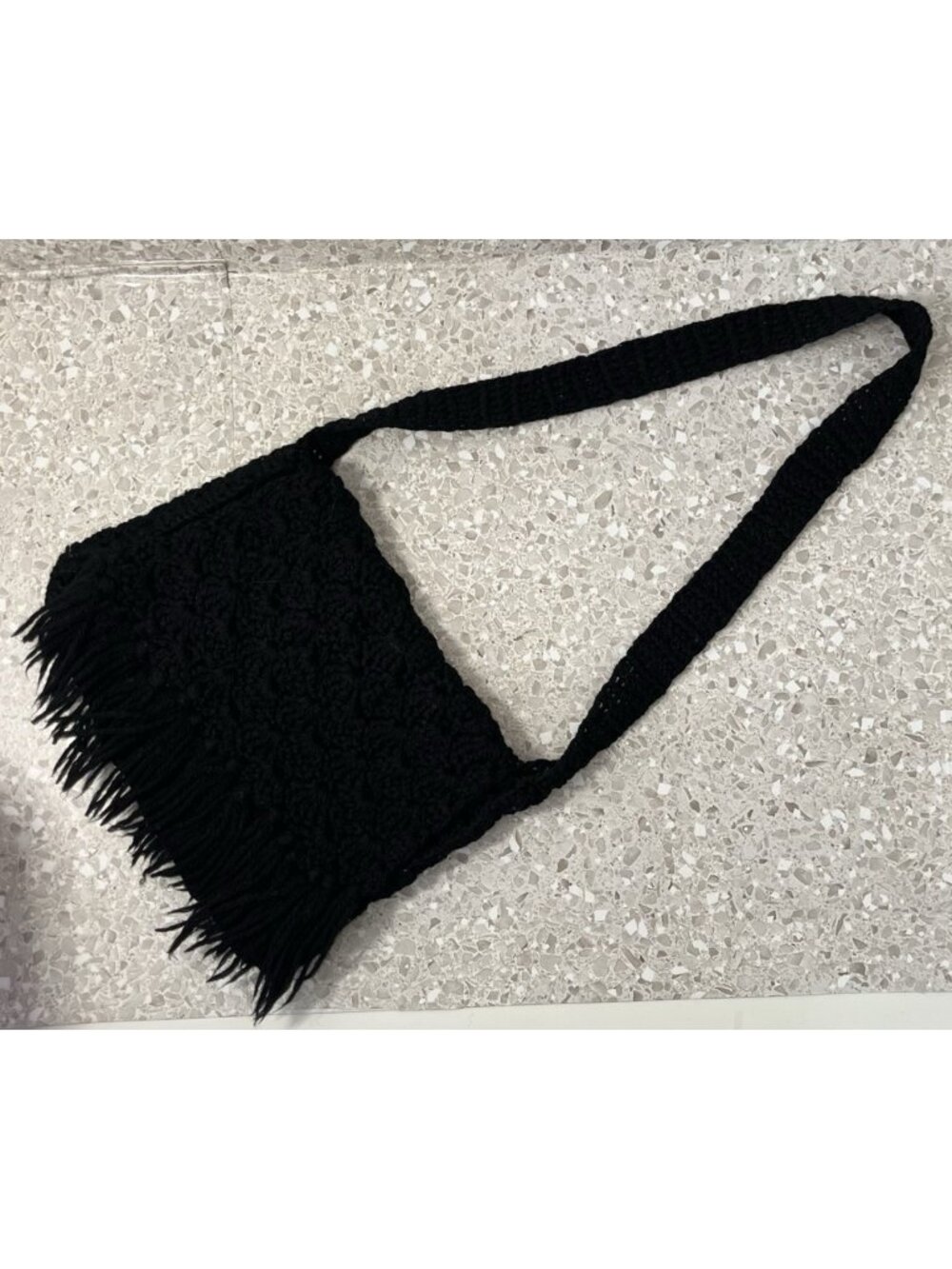 Black Boho Hand Crochet Knit Crossbody Shoulder Bag Fringe Fold Over Closure
